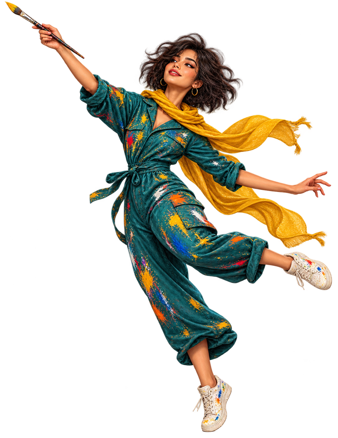 An artist mid-motion with a paintbrush, splashed with colour